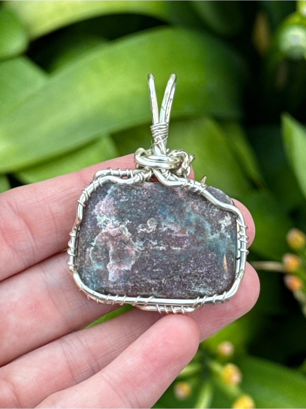 Handcrafted Silver Wire-Wrapped Green and Brown Stone Pendant